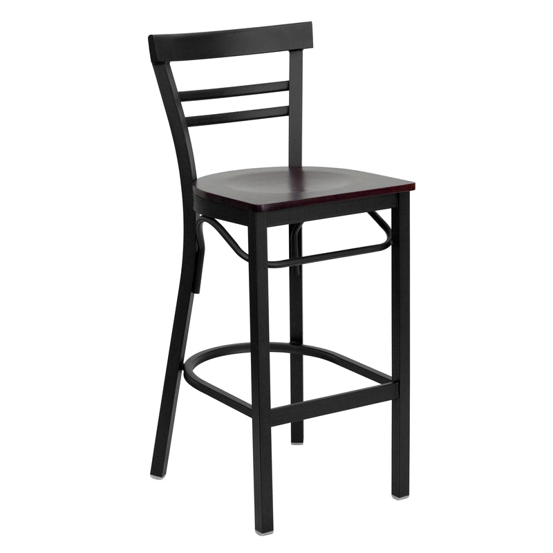 SINGLEWAVE Series Black Two-Slat Ladder Back Metal Restaurant Barstool - Mahogany Wood Seat