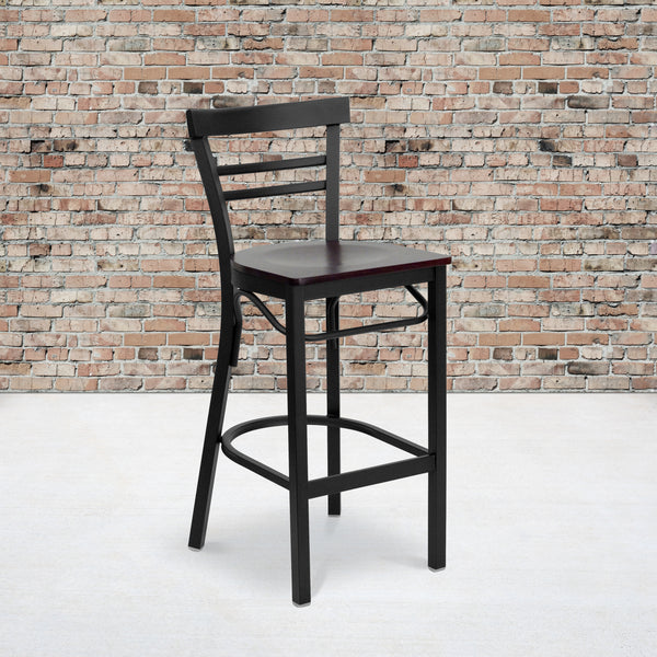 SINGLEWAVE Series Black Two-Slat Ladder Back Metal Restaurant Barstool - Mahogany Wood Seat