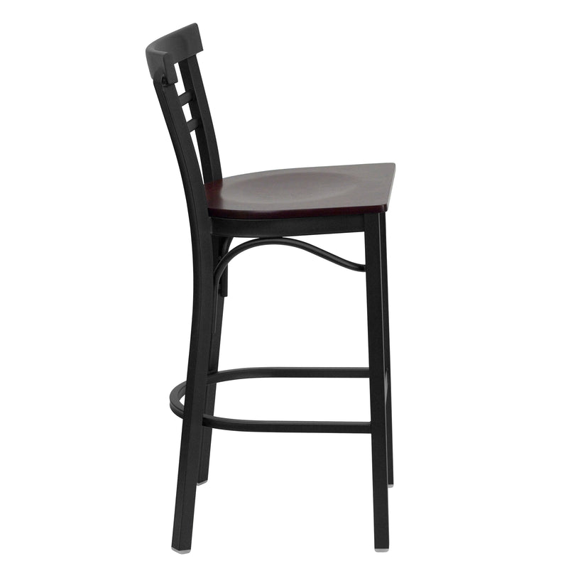 SINGLEWAVE Series Black Two-Slat Ladder Back Metal Restaurant Barstool - Mahogany Wood Seat