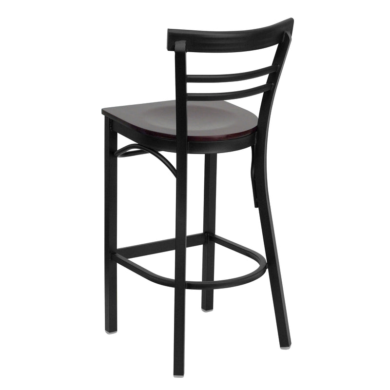 SINGLEWAVE Series Black Two-Slat Ladder Back Metal Restaurant Barstool - Mahogany Wood Seat