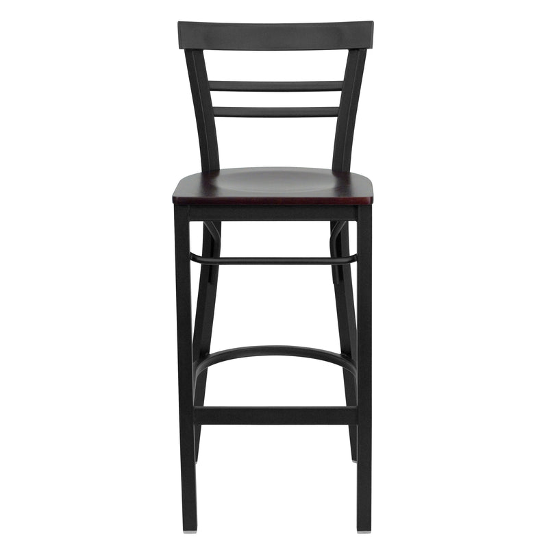 SINGLEWAVE Series Black Two-Slat Ladder Back Metal Restaurant Barstool - Mahogany Wood Seat