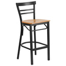 SINGLEWAVE Series Black Two-Slat Ladder Back Metal Restaurant Barstool - Natural Wood Seat