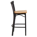 SINGLEWAVE Series Black Two-Slat Ladder Back Metal Restaurant Barstool - Natural Wood Seat