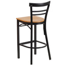 SINGLEWAVE Series Black Two-Slat Ladder Back Metal Restaurant Barstool - Natural Wood Seat