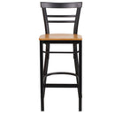 SINGLEWAVE Series Black Two-Slat Ladder Back Metal Restaurant Barstool - Natural Wood Seat