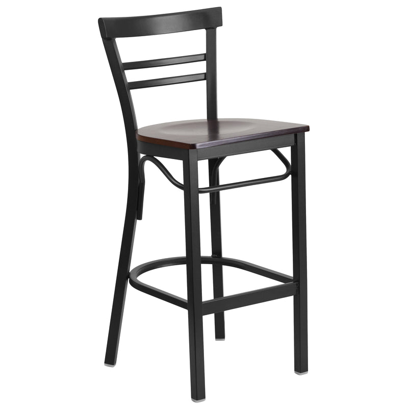 SINGLEWAVE Series Black Two-Slat Ladder Back Metal Restaurant Barstool - Walnut Wood Seat