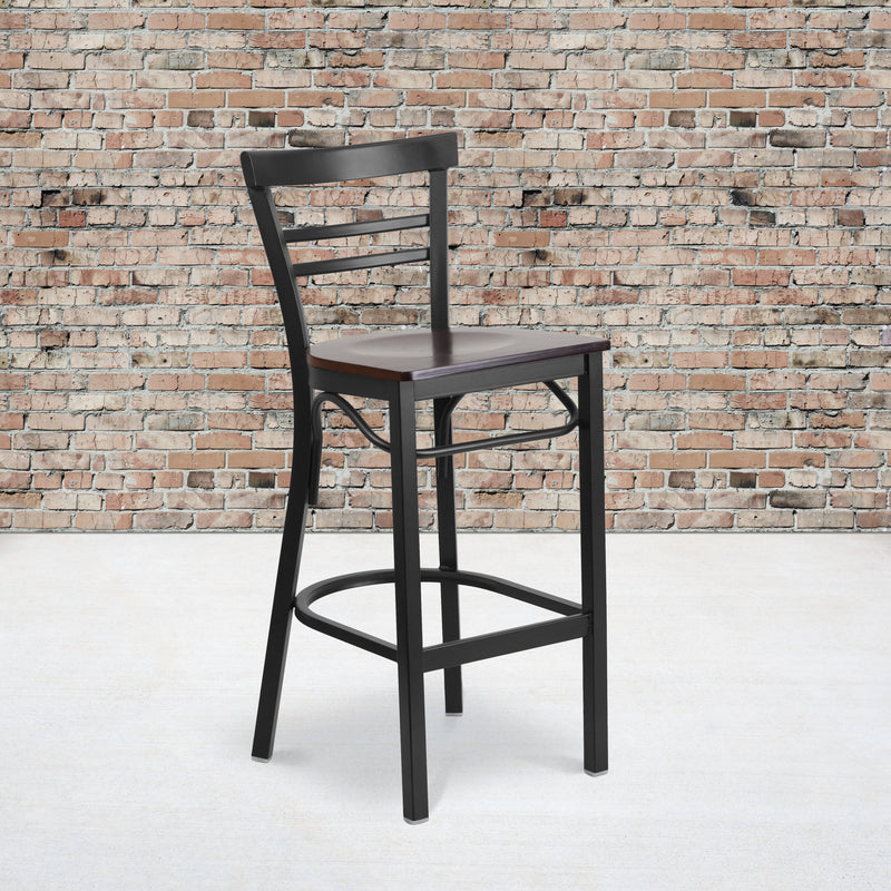 SINGLEWAVE Series Black Two-Slat Ladder Back Metal Restaurant Barstool - Walnut Wood Seat