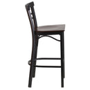 SINGLEWAVE Series Black Two-Slat Ladder Back Metal Restaurant Barstool - Walnut Wood Seat