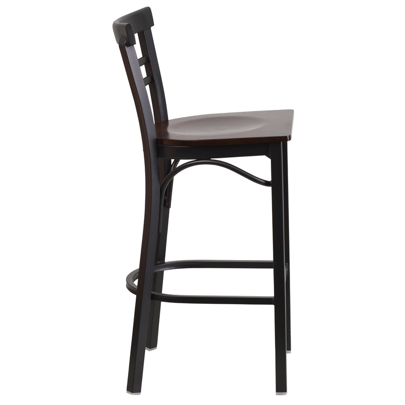 SINGLEWAVE Series Black Two-Slat Ladder Back Metal Restaurant Barstool - Walnut Wood Seat