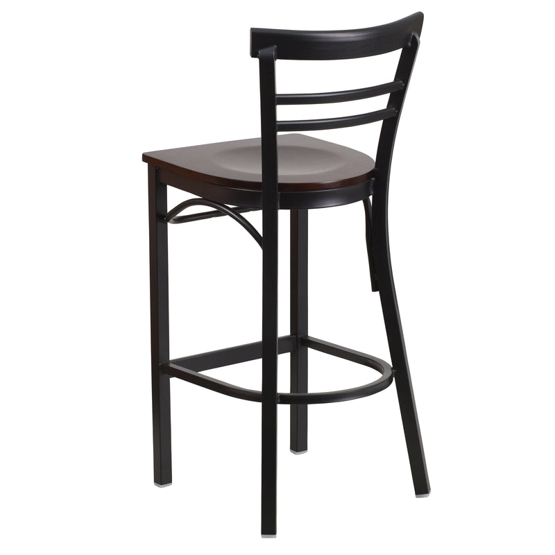 SINGLEWAVE Series Black Two-Slat Ladder Back Metal Restaurant Barstool - Walnut Wood Seat