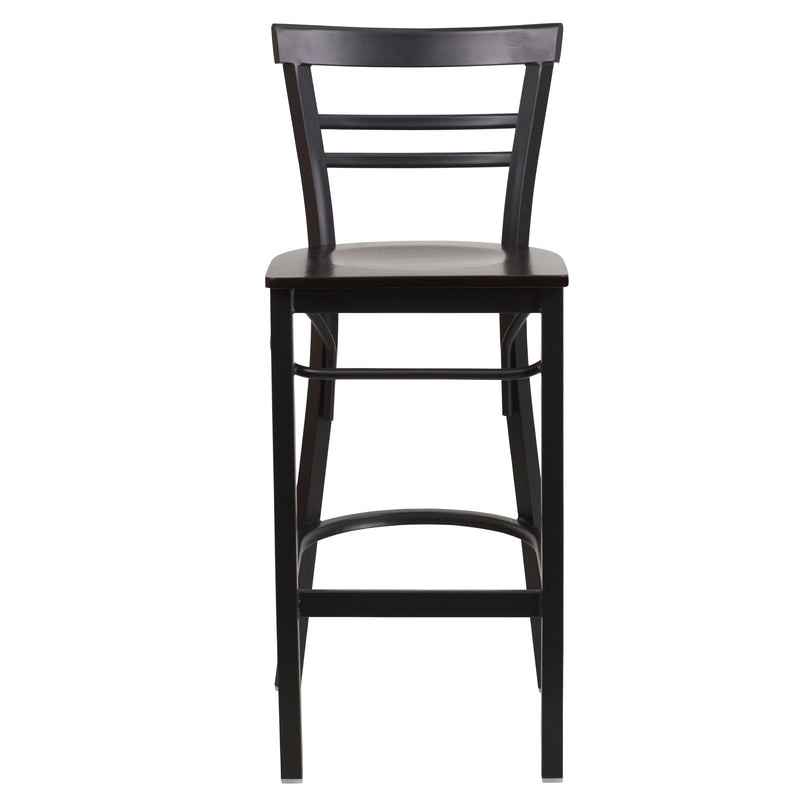 SINGLEWAVE Series Black Two-Slat Ladder Back Metal Restaurant Barstool - Walnut Wood Seat