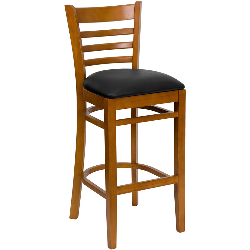 SINGLEWAVE Series Ladder Back Cherry Wood Restaurant Barstool - Black Vinyl Seat