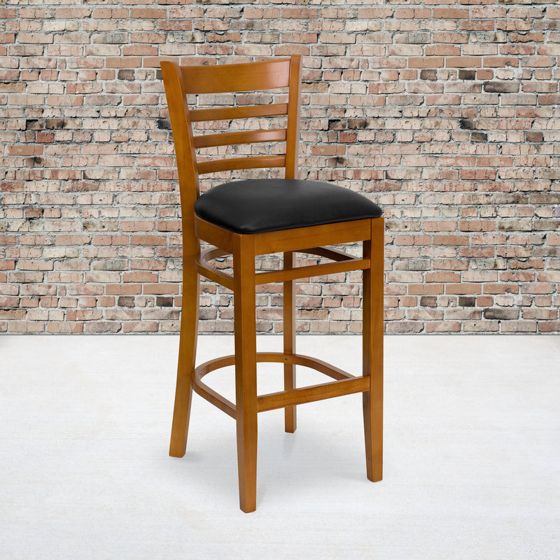 SINGLEWAVE Series Ladder Back Cherry Wood Restaurant Barstool - Black Vinyl Seat