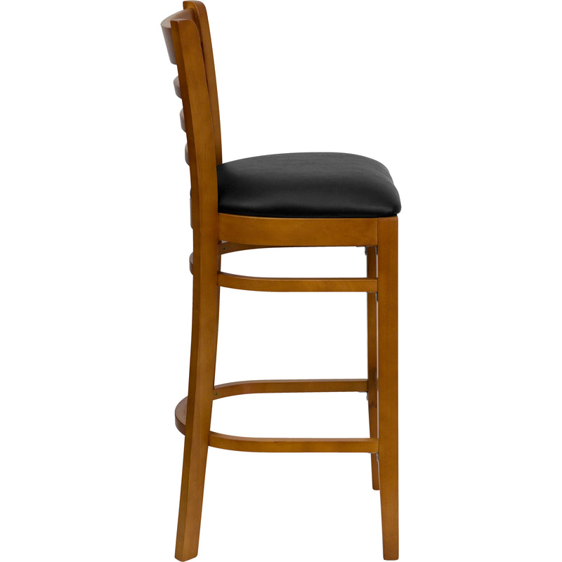 SINGLEWAVE Series Ladder Back Cherry Wood Restaurant Barstool - Black Vinyl Seat