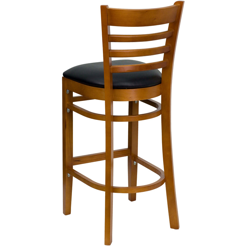 SINGLEWAVE Series Ladder Back Cherry Wood Restaurant Barstool - Black Vinyl Seat