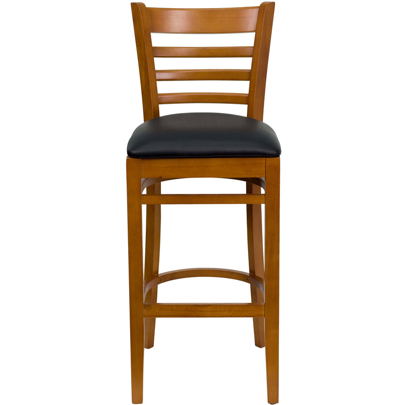 SINGLEWAVE Series Ladder Back Cherry Wood Restaurant Barstool - Black Vinyl Seat