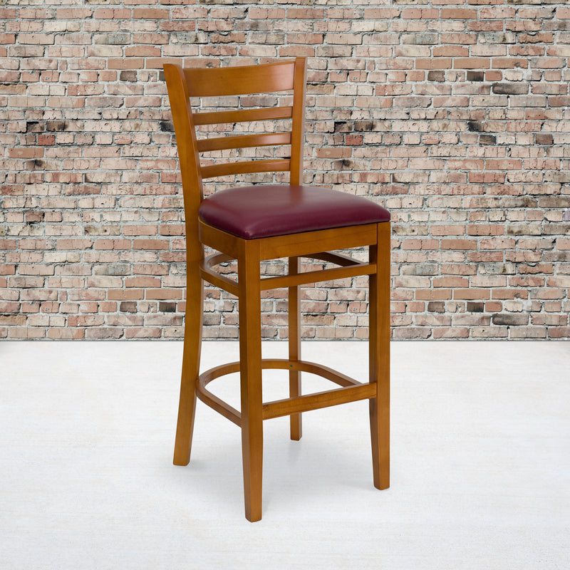 SINGLEWAVE Series Ladder Back Cherry Wood Restaurant Barstool - Burgundy Vinyl Seat