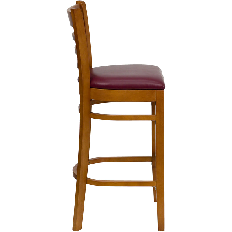 SINGLEWAVE Series Ladder Back Cherry Wood Restaurant Barstool - Burgundy Vinyl Seat