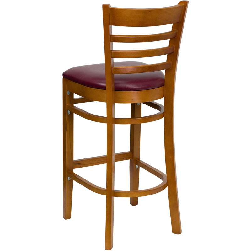 SINGLEWAVE Series Ladder Back Cherry Wood Restaurant Barstool - Burgundy Vinyl Seat