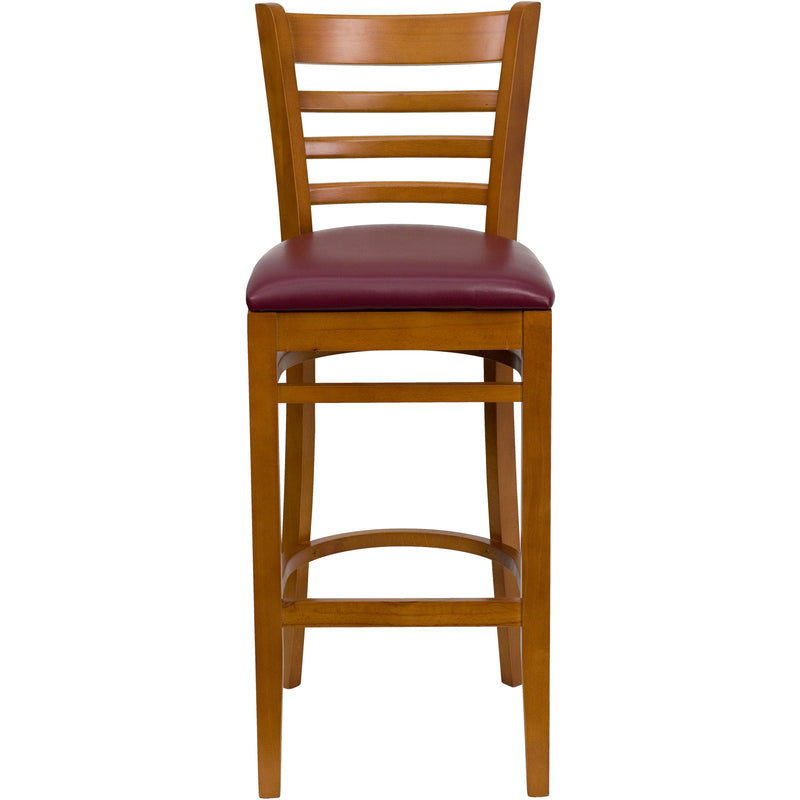 SINGLEWAVE Series Ladder Back Cherry Wood Restaurant Barstool - Burgundy Vinyl Seat