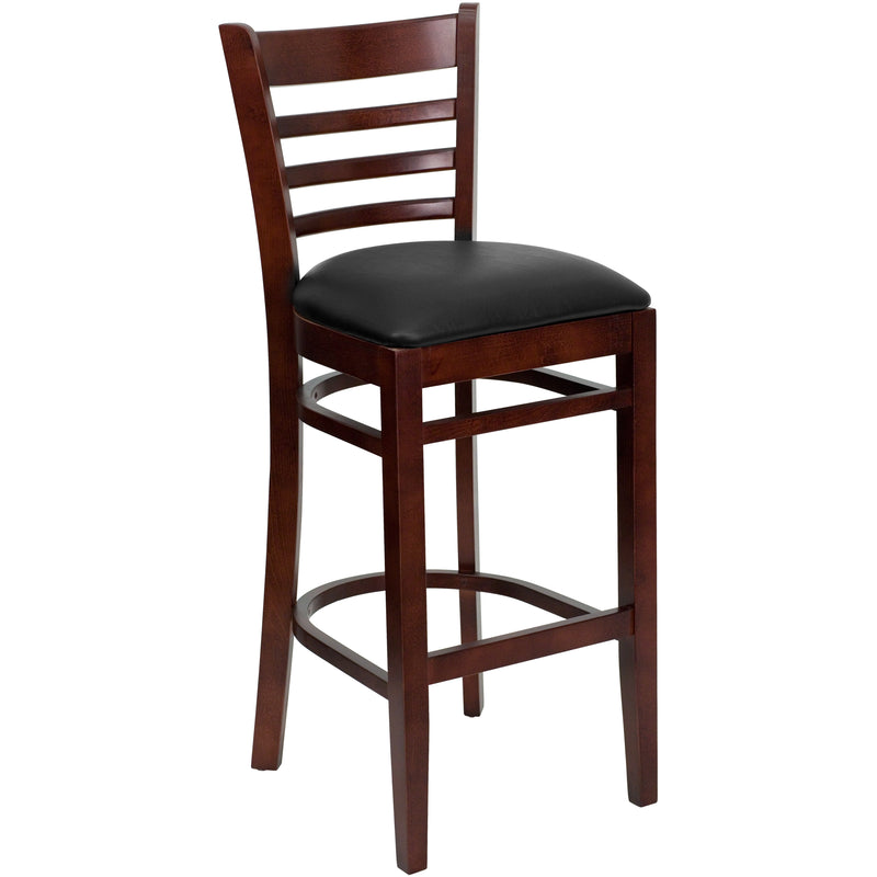 SINGLEWAVE Series Ladder Back Mahogany Wood Restaurant Barstool - Black Vinyl Seat