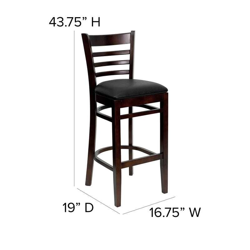 SINGLEWAVE Series Ladder Back Mahogany Wood Restaurant Barstool - Black Vinyl Seat