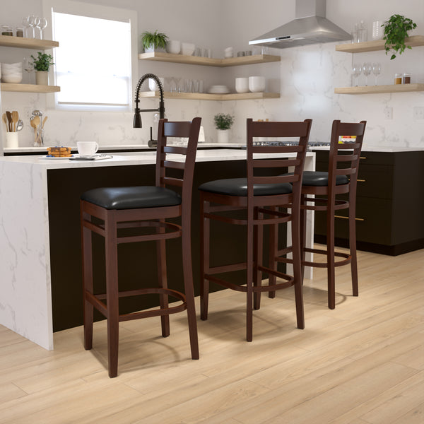 SINGLEWAVE Series Ladder Back Mahogany Wood Restaurant Barstool - Black Vinyl Seat