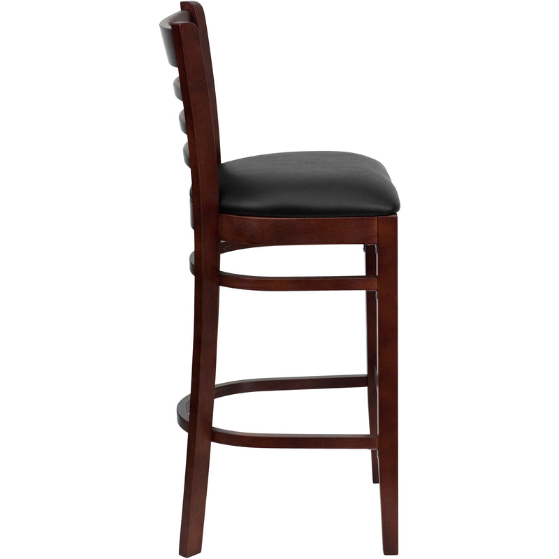 SINGLEWAVE Series Ladder Back Mahogany Wood Restaurant Barstool - Black Vinyl Seat