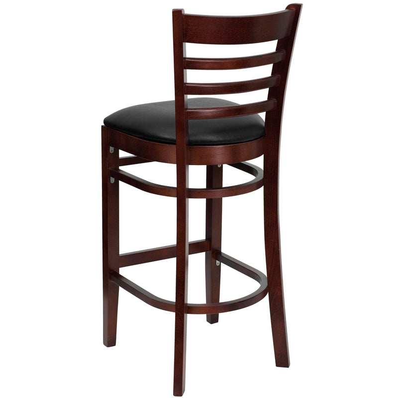 SINGLEWAVE Series Ladder Back Mahogany Wood Restaurant Barstool - Black Vinyl Seat