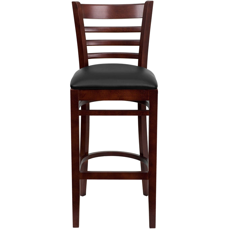 SINGLEWAVE Series Ladder Back Mahogany Wood Restaurant Barstool - Black Vinyl Seat