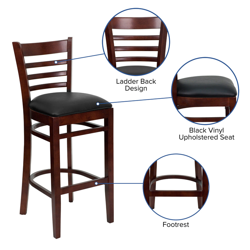 SINGLEWAVE Series Ladder Back Mahogany Wood Restaurant Barstool - Black Vinyl Seat