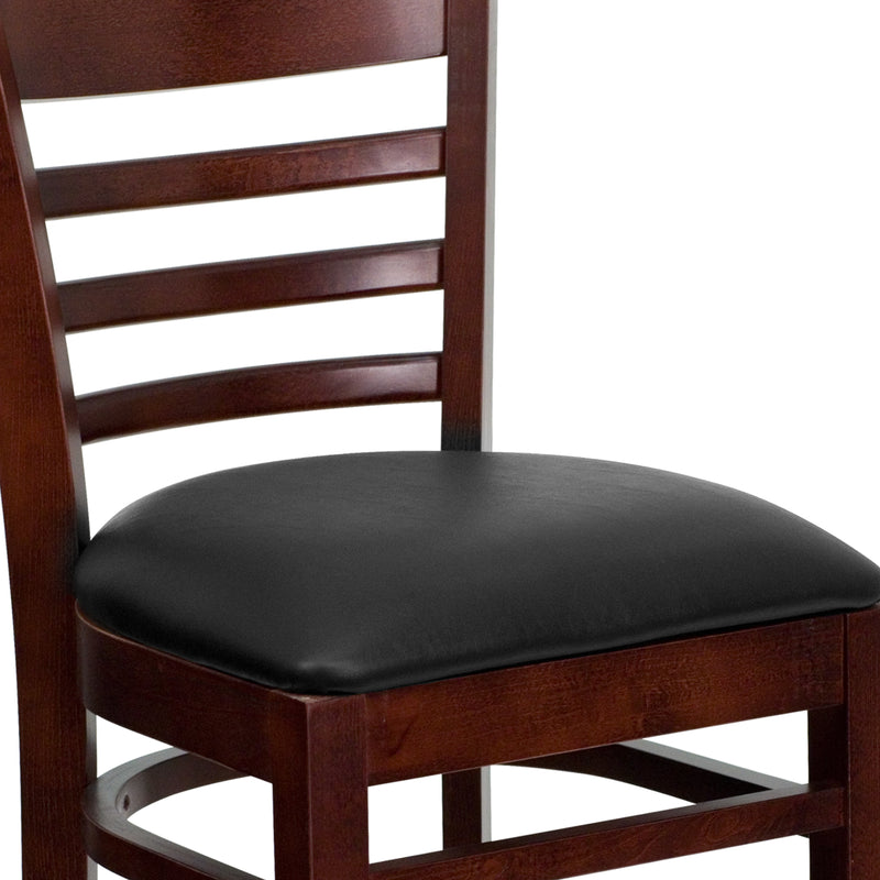 SINGLEWAVE Series Ladder Back Mahogany Wood Restaurant Barstool - Black Vinyl Seat