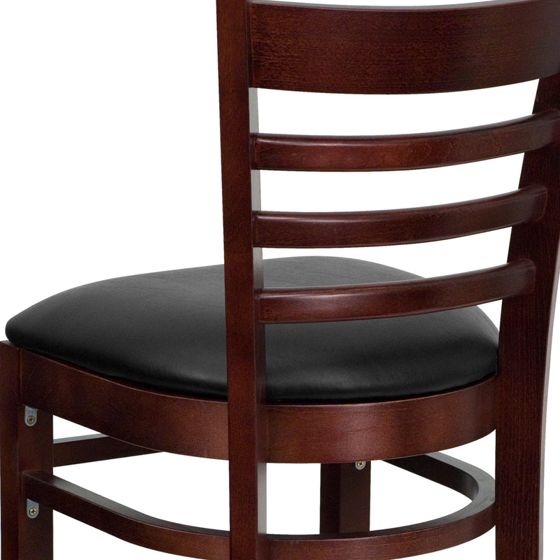 SINGLEWAVE Series Ladder Back Mahogany Wood Restaurant Barstool - Black Vinyl Seat