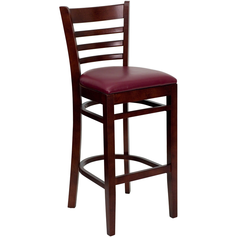 SINGLEWAVE Series Ladder Back Mahogany Wood Restaurant Barstool - Burgundy Vinyl Seat