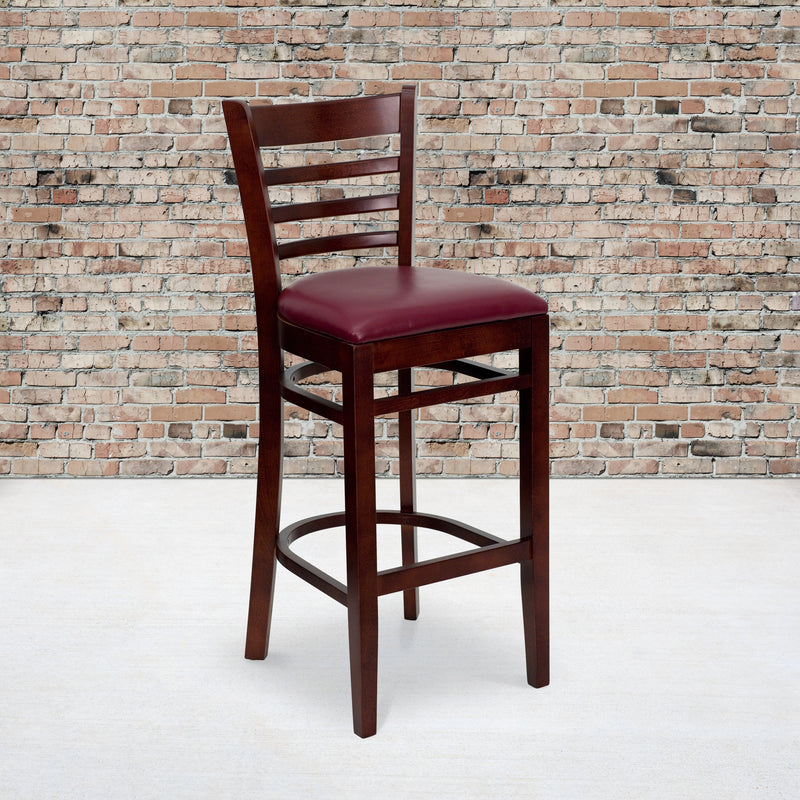 SINGLEWAVE Series Ladder Back Mahogany Wood Restaurant Barstool - Burgundy Vinyl Seat