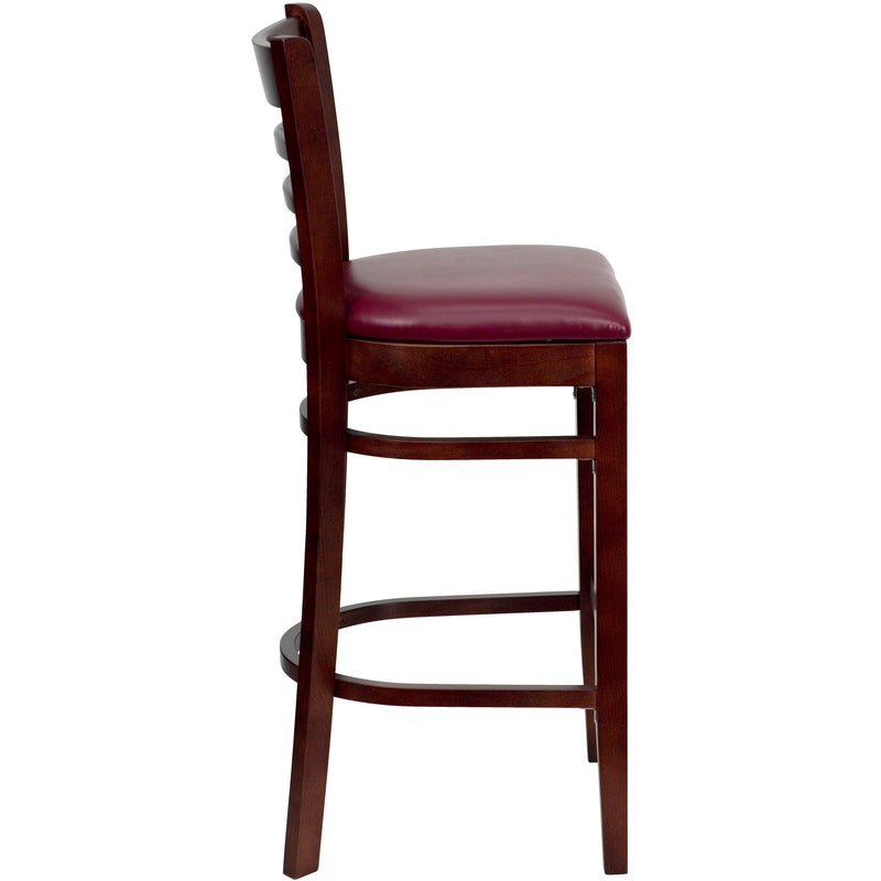 SINGLEWAVE Series Ladder Back Mahogany Wood Restaurant Barstool - Burgundy Vinyl Seat