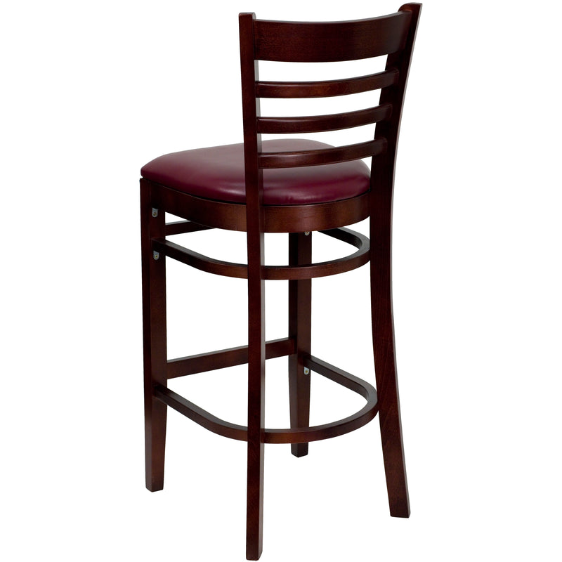 SINGLEWAVE Series Ladder Back Mahogany Wood Restaurant Barstool - Burgundy Vinyl Seat