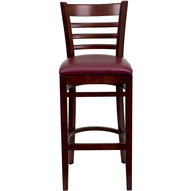 SINGLEWAVE Series Ladder Back Mahogany Wood Restaurant Barstool - Burgundy Vinyl Seat