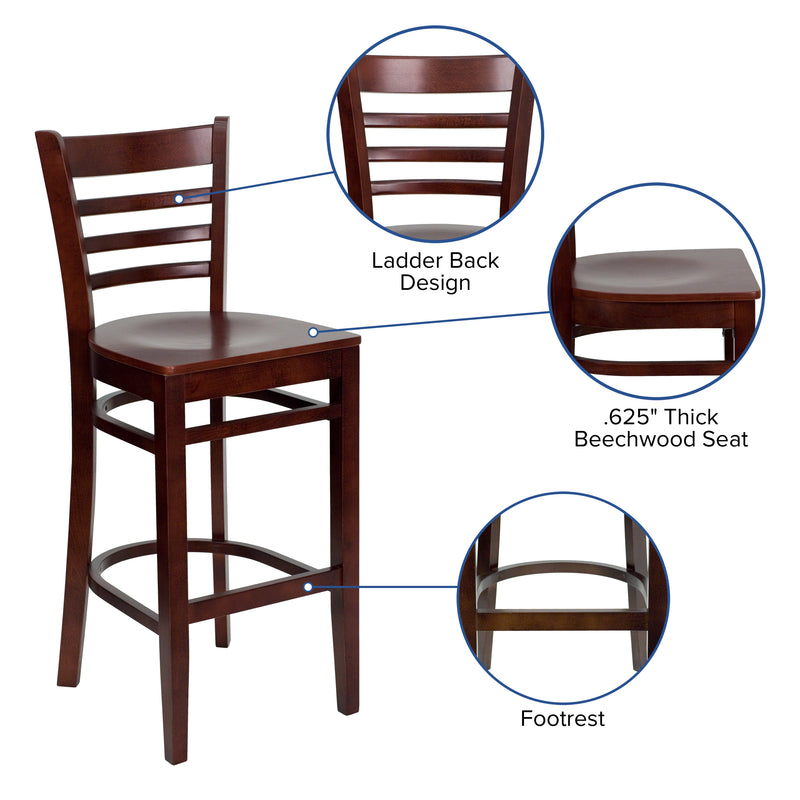 SINGLEWAVE Series Ladder Back Mahogany Wood Restaurant Barstool