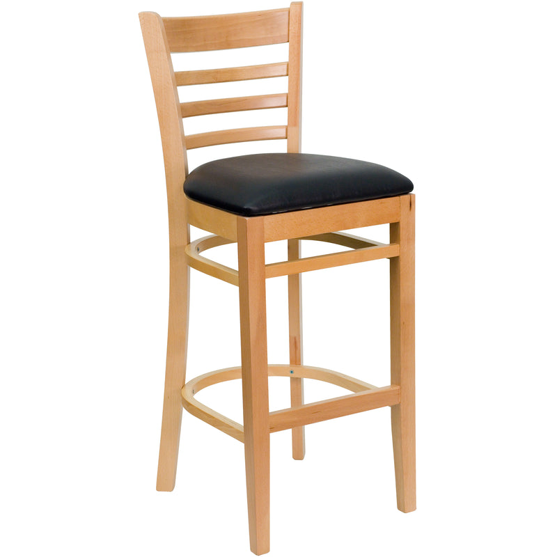 SINGLEWAVE Series Ladder Back Natural Wood Restaurant Barstool - Black Vinyl Seat