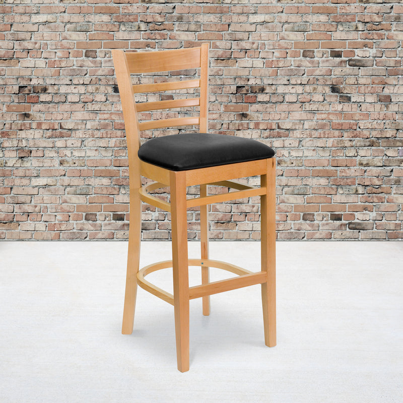 SINGLEWAVE Series Ladder Back Natural Wood Restaurant Barstool - Black Vinyl Seat