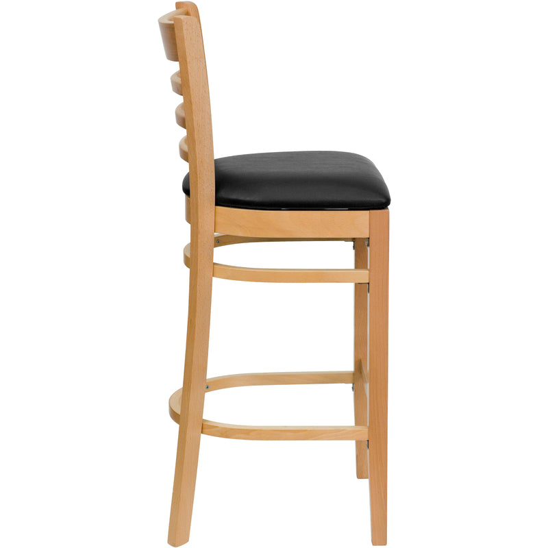 SINGLEWAVE Series Ladder Back Natural Wood Restaurant Barstool - Black Vinyl Seat