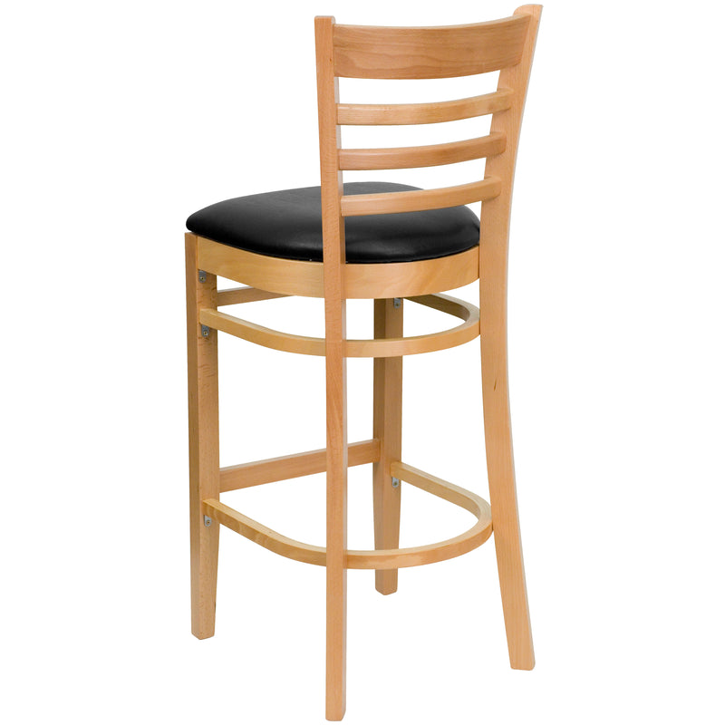 SINGLEWAVE Series Ladder Back Natural Wood Restaurant Barstool - Black Vinyl Seat