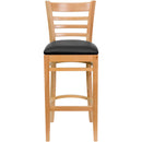 SINGLEWAVE Series Ladder Back Natural Wood Restaurant Barstool - Black Vinyl Seat
