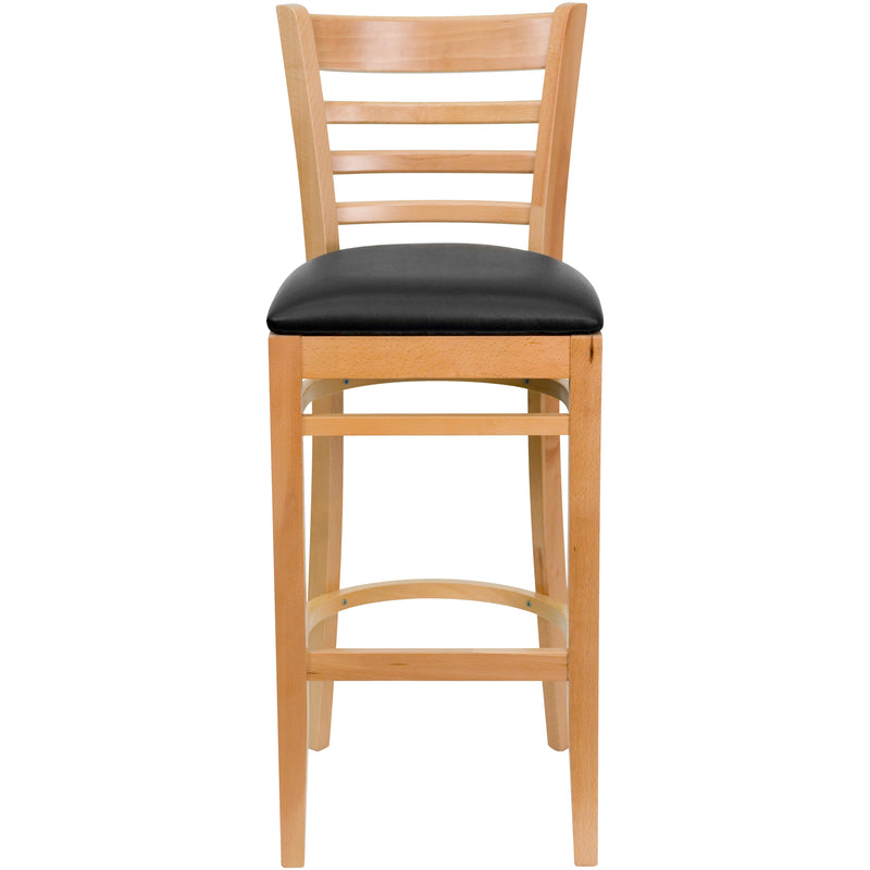 SINGLEWAVE Series Ladder Back Natural Wood Restaurant Barstool - Black Vinyl Seat