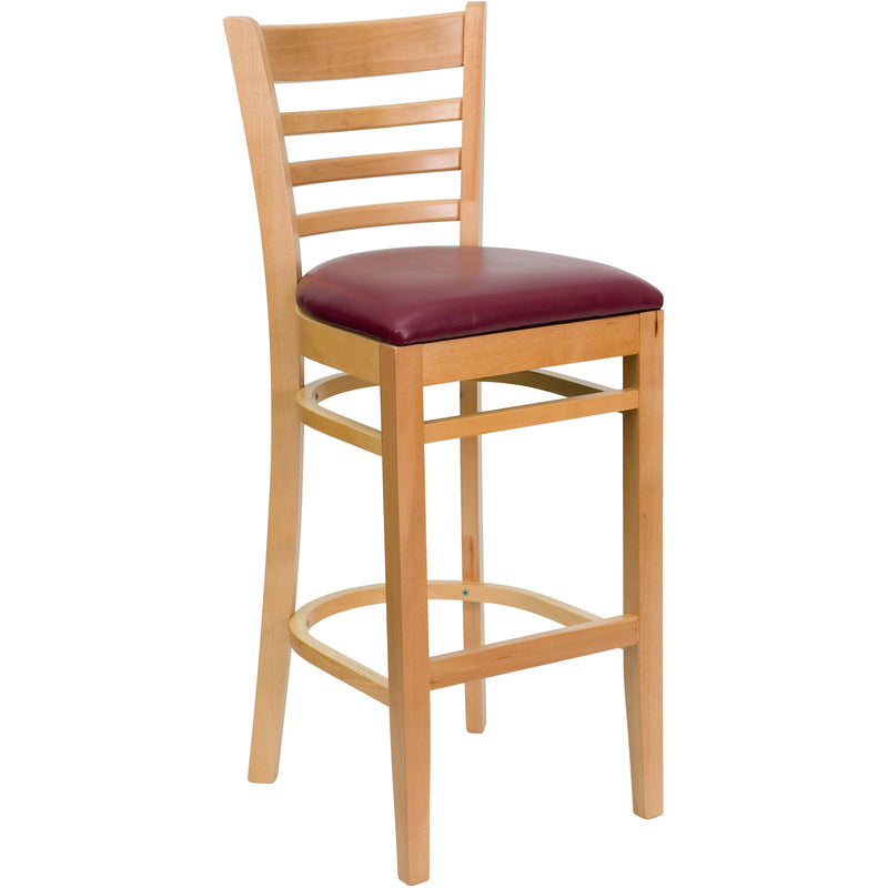 SINGLEWAVE Series Ladder Back Natural Wood Restaurant Barstool - Burgundy Vinyl Seat