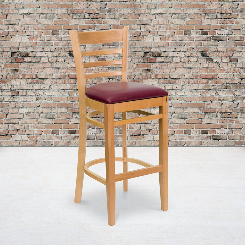 SINGLEWAVE Series Ladder Back Natural Wood Restaurant Barstool - Burgundy Vinyl Seat