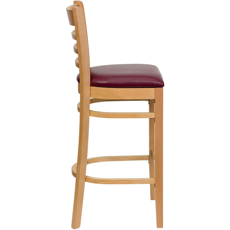 SINGLEWAVE Series Ladder Back Natural Wood Restaurant Barstool - Burgundy Vinyl Seat