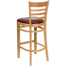 SINGLEWAVE Series Ladder Back Natural Wood Restaurant Barstool - Burgundy Vinyl Seat
