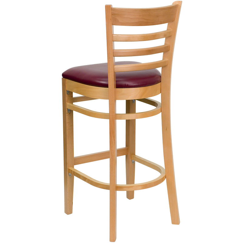 SINGLEWAVE Series Ladder Back Natural Wood Restaurant Barstool - Burgundy Vinyl Seat